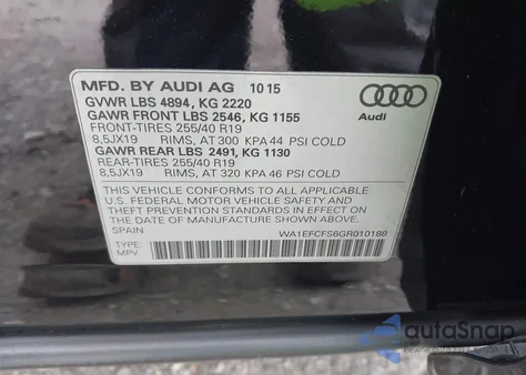2016 Audi Q3 2.0T Premium Plus из США, поврежденный, VIN WA1EFCFS6GR010188